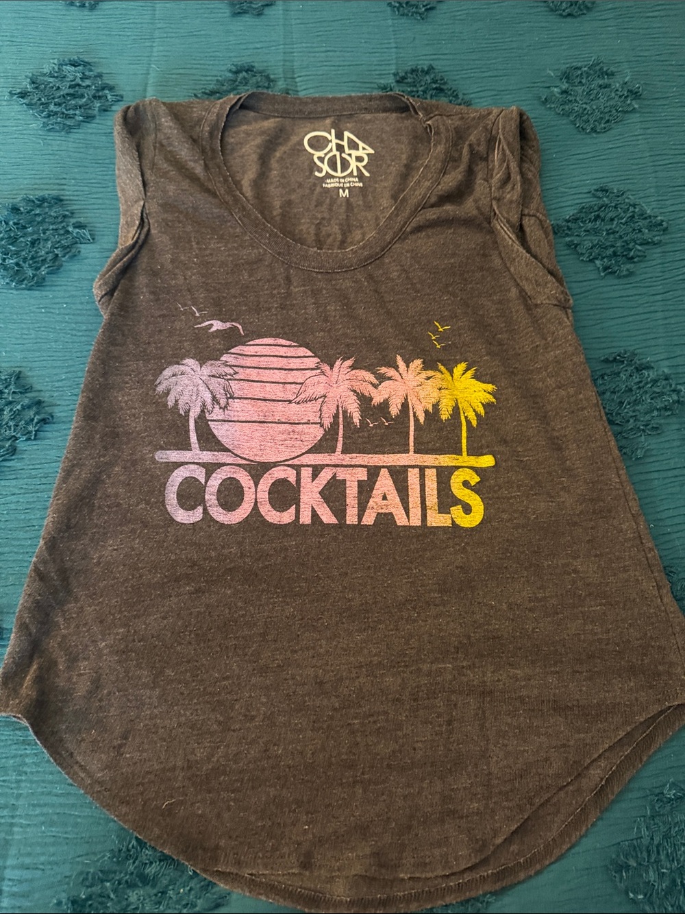 🍹🌴🌅Chaser ‘Cocktails' Women's Graphic Tank Top - Charcoal with Sunset Print